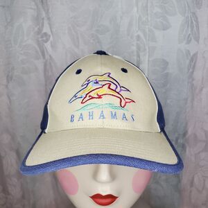 Bahamas Blue Tan Embroidered Stretch Hat Cap Dolphins Adult